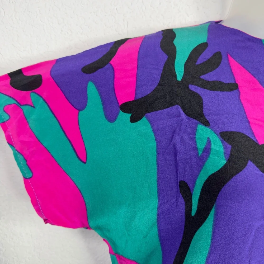 Vintage Flora Kung Shirt Womens 12 Pink Purple Silk Abstract‎ Bold Artsy 80s 90s